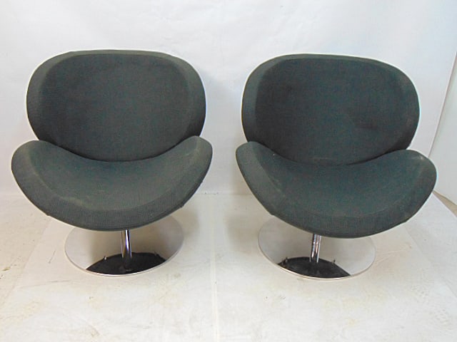 Pair BoConcept swan chairs, chrome base swivel chairs with dark grey to black upholstery, chairs are (1 of 6)