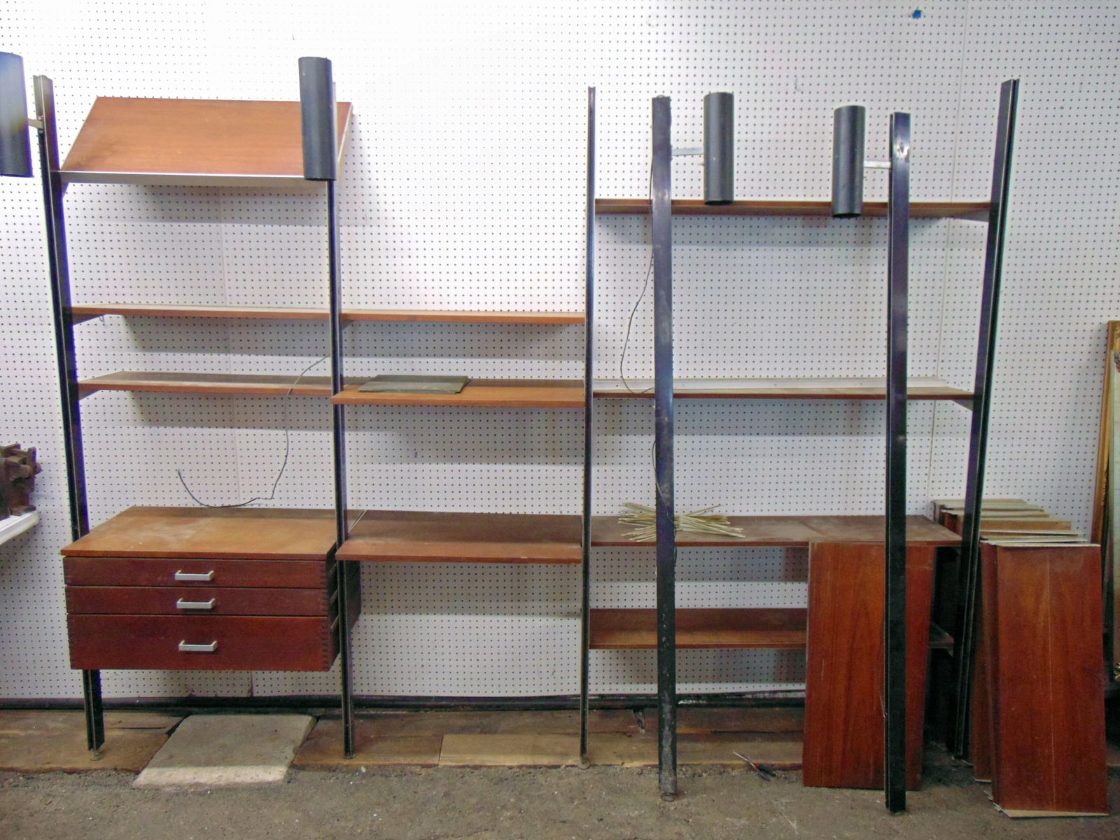 Large George Nelson wall unit, 6 poles, 4 with added spot lights, three drawers in iron drawer (1 of 10)