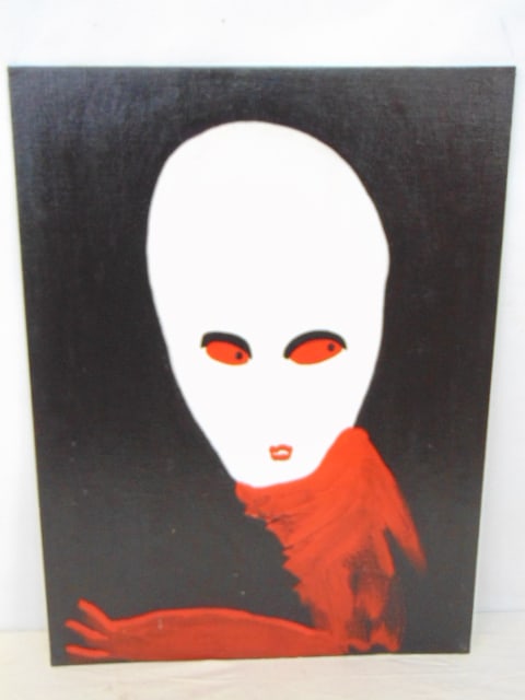 Painting, figure, Louise Abrams, oil on canvas board, figure in red with a large white head, 18" by (1 of 4)
