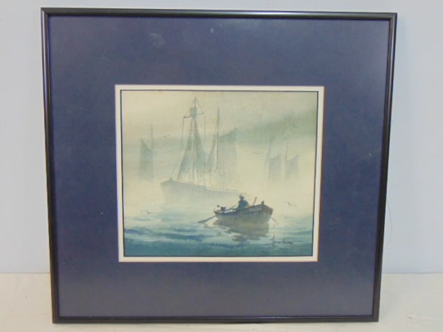 Painting, nautical scene, John Knowles Hare, figure rowing towards sailboats in fog, watercolor, 7" (1 of 4)