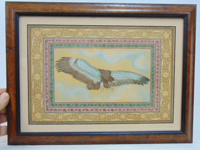 Painting, Iranian, eagle with spread wings, signed Snel, watercolor, with decorative border, 8.5" by (1 of 4)