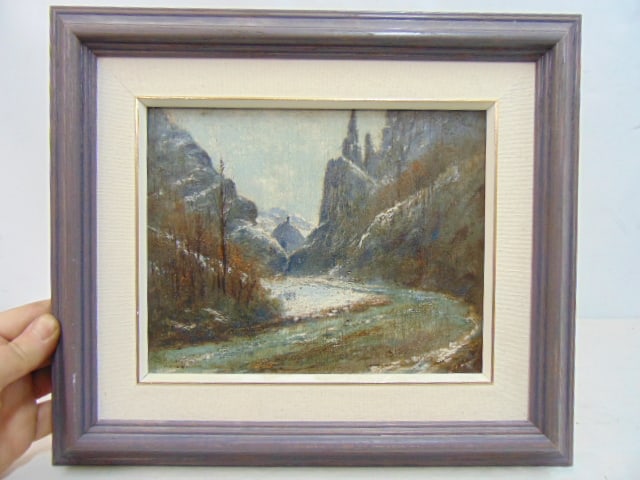 Painting, stream in mountains, unsigned, oil on panel, "Ivany" written on reverse. (1 of 3)