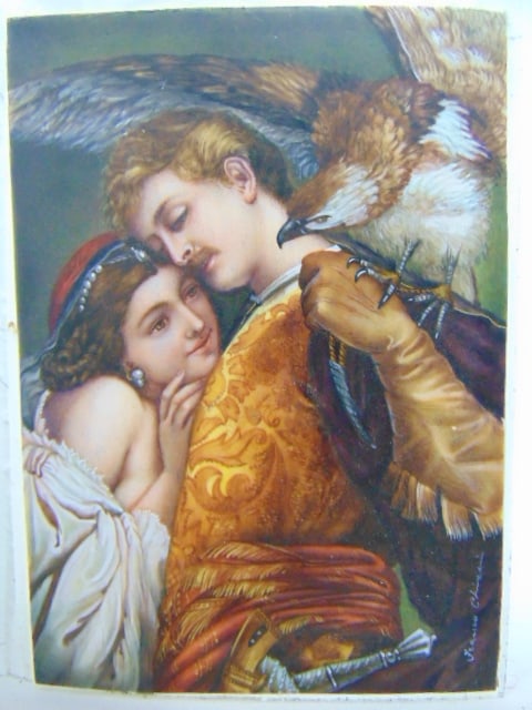 Egg Tempera painting, man & woman, signed Franco Chivet (?), 4" by 2 7/8" (1 of 5)