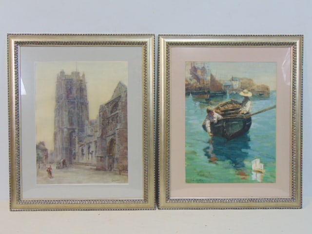 2 paintings, cathedral & figures in rowboat, both signed Lumea, lady & little boy in rowboat, boy (1 of 7)