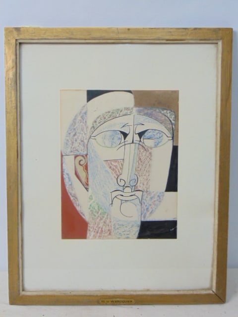 Painting, "Visage d'Homme"signed H. de Waroquier, (Henry), 1923, gouache, 10.5" by 8.25" (1 of 8)