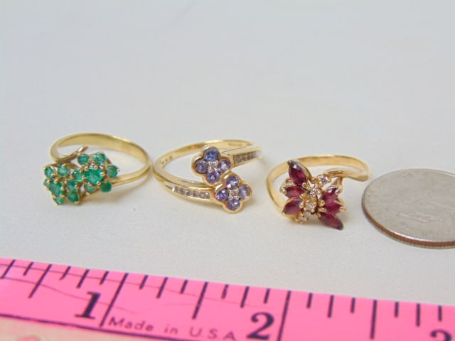 Jewelry. (3) 14kt gold rings. 14k hallmark 6 red gemstone ring w/ diamond chips size 7, 2.90 grams. (1 of 3)