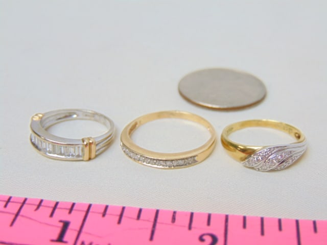 Jewelry. (3) Diamond gold bands. 15 small diamonds size 9, hallmark 14kt, 2.20 grams. white & yellow (1 of 3)