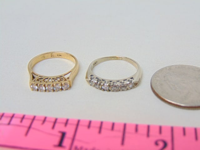 Jewelry. (2) Diamond rings. 14kt white gold ring w/ 6 small diamonds, size 6, 2 grams, hallmark 14k. (1 of 3)