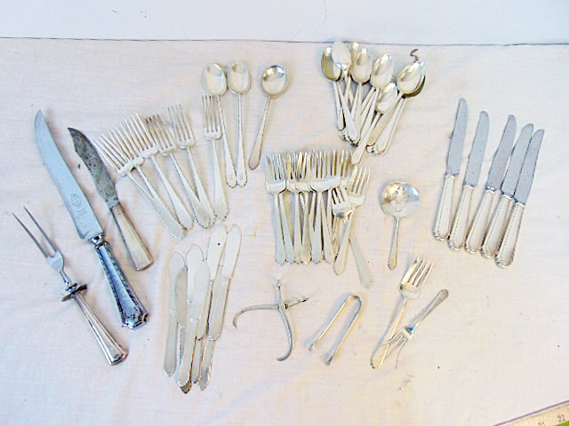Lot sterling flatware, partial set, forks, desert spoons, tongs, butter knives, 47.5 troy plus (1 of 4)