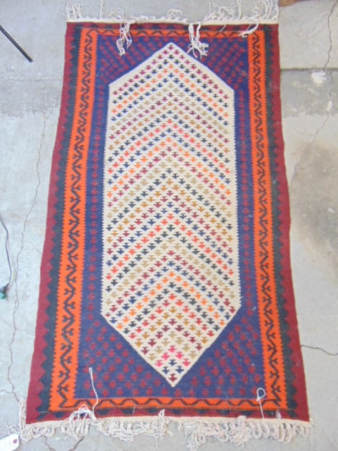 Flat weave carpet, red, blue orange, rug is 71" by 41" (1 of 4)