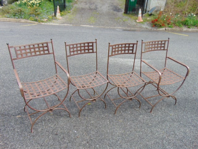 Set 4 iron chairs, garden chairs woven steel seats, backs, 2 arm & 2 side chairs with brass ball (1 of 5)