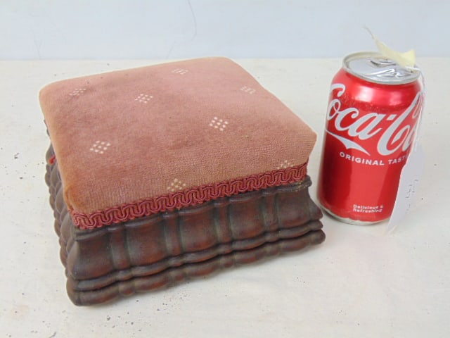 Miniature footstool or ottoman, carved wood base, upholstered top, stool is 6.75" by 6.75" (1 of 4)
