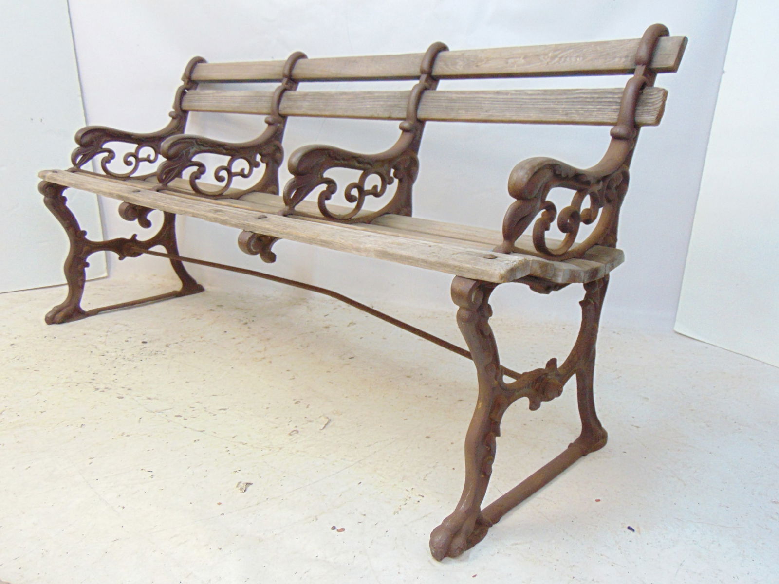 Cast iron & wood garden bench with bird heads worked in the cast iron, bench is 66" long, 18" deep, (1 of 6)