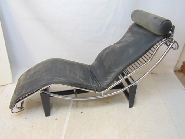 Le Corbusier style LC-4 easy chair, lounger, black leather on steel base, 60" long, 21" wide (1 of 7)