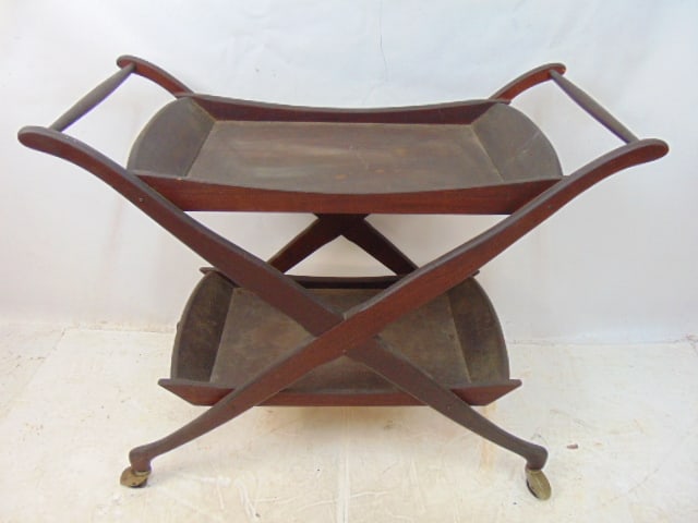 Mid Century teak tea or bar cart, two tray shelves, 17.5" wide, 36.5" long, height is 32,75", (1 of 6)