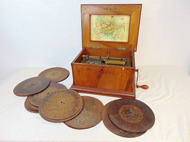 Symphonion disk player with disks, mechanism works, but slips, needs adjustments, original decal, (1 of 8)