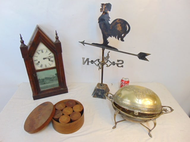 Steeple clock, weathervane, silver plate dome & spice box, small rooster weathervane with (1 of 7)