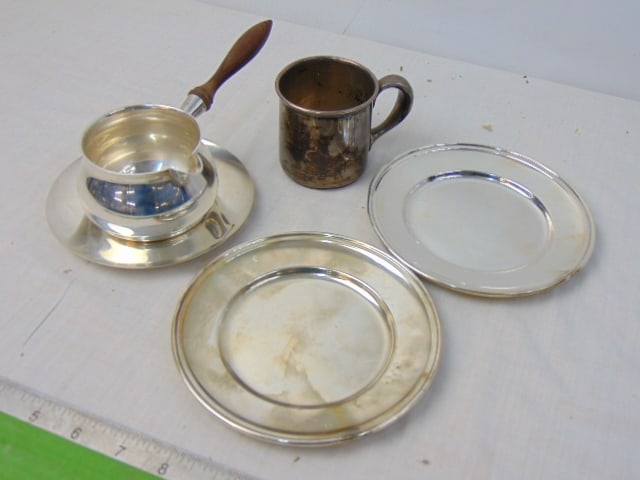 Silver lot, Tiffany pitcher on plate, pair small dishes & Gorham cup, 18 troy (1 of 5)