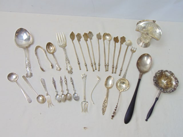 Sterling lot, misc. flatware, basket vase with glass insert, strainer & serving spoon with wood (1 of 6)