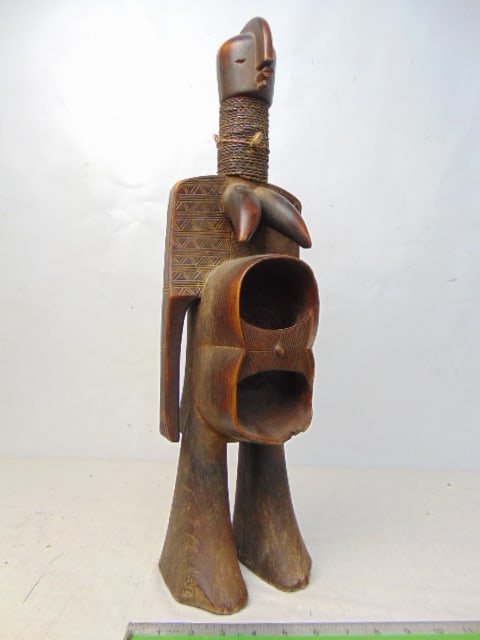 African figural wood carving, maternity figure with rope & shell necklace, height is 22" (1 of 6)