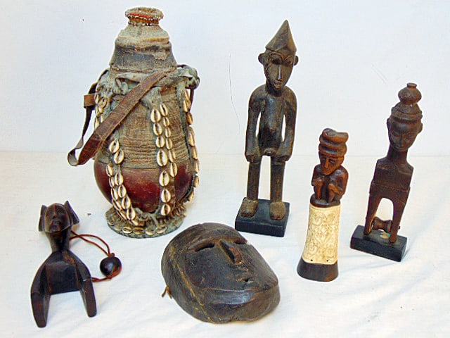 African lot, carved figures, masks, shell decorated Ethiopian gourd shaped vessel with lid, Senufo (1 of 18)