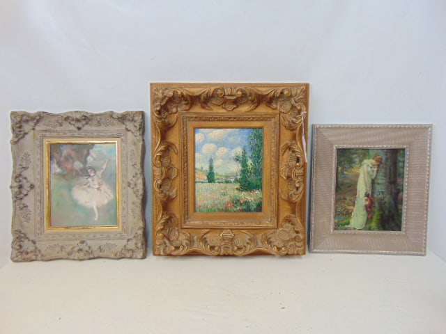 3 paintings, copies, Degas Ballerina scene, oil on Masonite, 10" by 8"; Woman mourning, oil on: 3 paintings, copies, Degas Ballerina scene, oil on Masonite, 10" by 8"; Woman mourning, oil on board, 9.25" by 7.5" & landscape with church in flower field, signed illegibly, oil on canvas, 10" by 8"