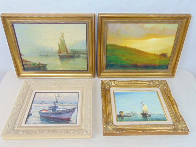 Art lot, 4 paintings, giclees, nautical, ship scenes & one landscape, sail ship in harbor & (1 of 7)