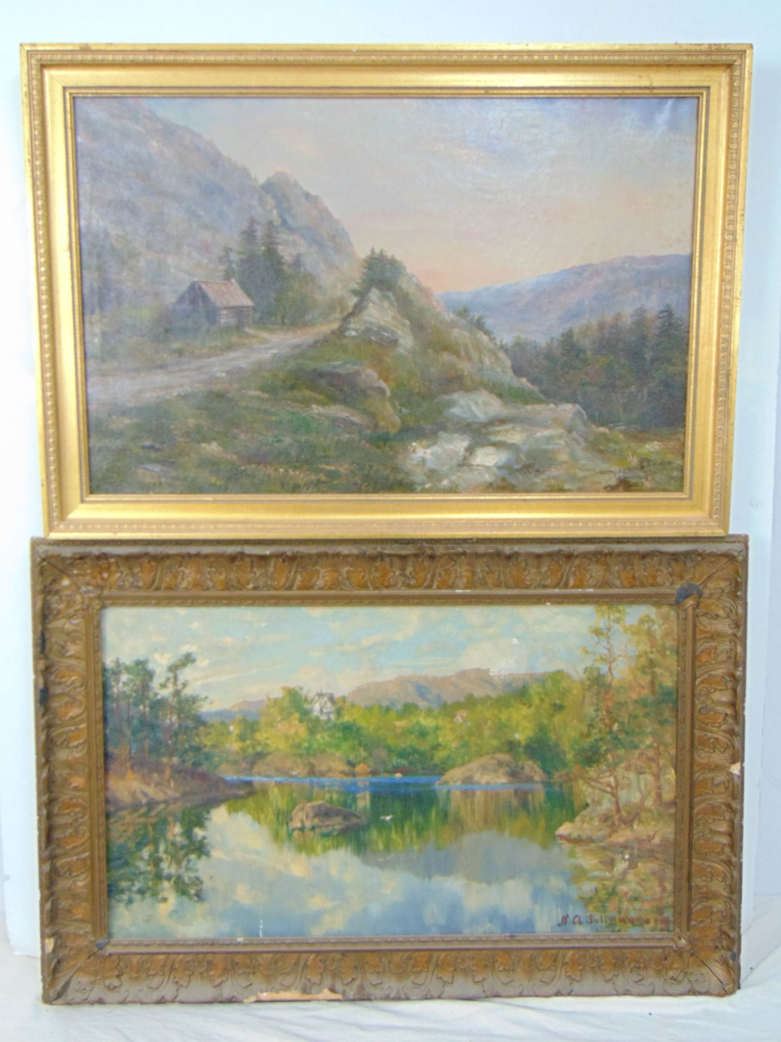 2 paintings, landscapes, oil on canvas, pond scene with house, signed illegibly, 15.5" by 26" & log (1 of 10)