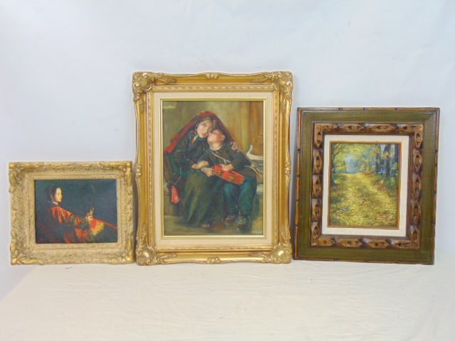 3 paintings, giclees reproductions, boy and girl with tambourine; Asian woman with opium pipe & (1 of 7)