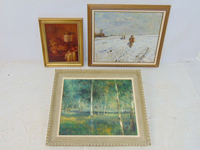 2 giclees & one painting, Trappers in winter landscape, wooded scene with birch trees & still-life (1 of 7)