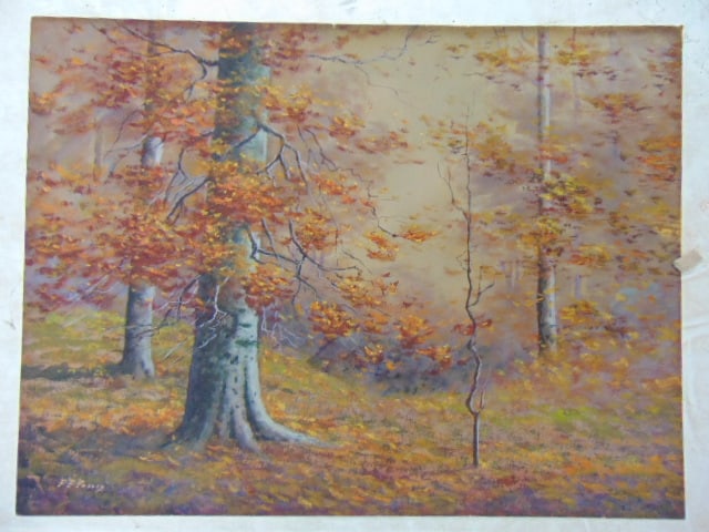 Painting, forest scene with trees in fall, signed F.P. Peares, pastel on paper, 18' by 24" (1 of 4)