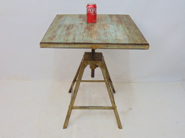 Rotating sculpture stand, iron base, would top, in old green paint, top is 22" by 22", height (as (1 of 5)
