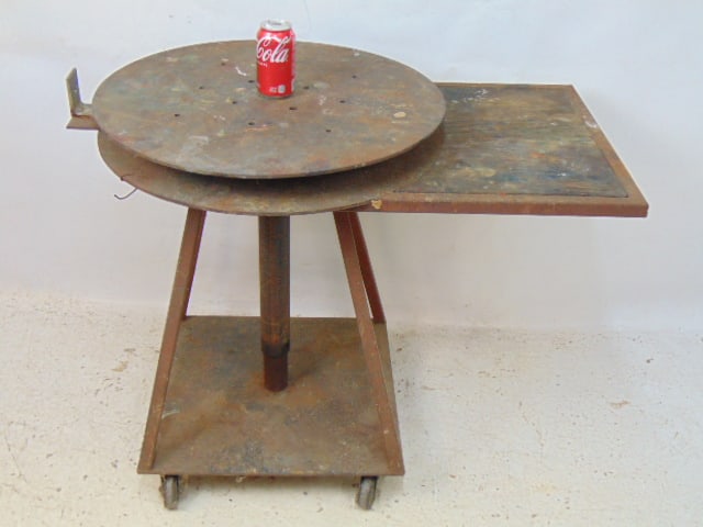 Rotating sculpture wheel stand, steel & wood, round rotating platform with small workspace, 38" (1 of 5)