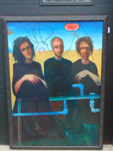 Painting, three figures, oil on wood board, unsigned, has monogram on reverse, dated 1988, possibly (1 of 6)