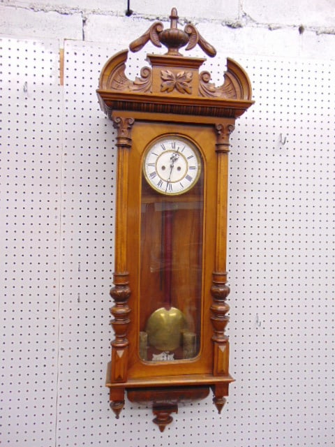 Wall clock, regulator, with two brass weights, enameled dial, carved crest, weight hookup in loose, (1 of 5)