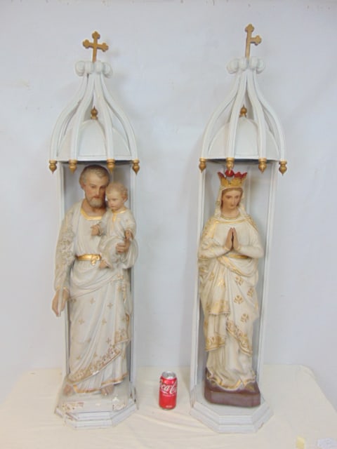 2 religious French shrines, Mary & Joseph with child, both in shrines, signed "Froc Robert, To (1 of 9)