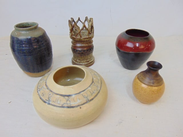 5 studio pottery, vases, bowls, candle holder (?), some signed illegibly, in good condition. (1 of 7)
