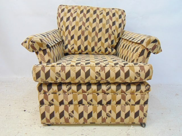 Mid Century upholstered armchair, in pattern fabric, chair is 34" wide, 36" deep, height is 30.5", (1 of 5)
