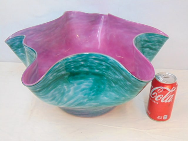 John Burchetta art glass bowl, pink interior with diffused green exterior, signed, dated 1999, bowl: John Burchetta art glass bowl, pink interior with diffused green exterior, signed, dated 1999, bowl is 17" accross, height is 8.25", in good condition.
