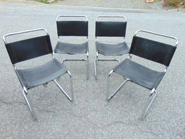 Set 4 Breuer style leather & chrome mid Century chairs, leather on bottom chairs is loose, ripped, (1 of 5)