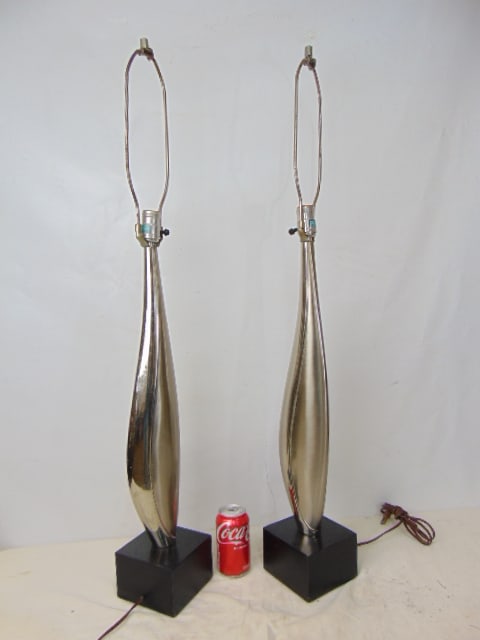 Pair Mid Century chrome table lamps, on black cube bases, no shades, lamps are 39" tall including (1 of 3)