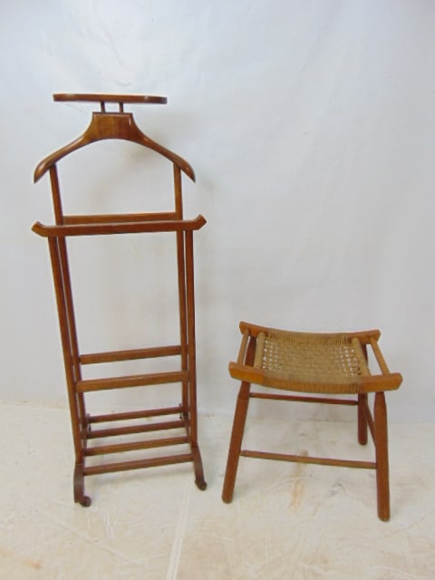 Wegner style footstool & coat stand, rope top stool is 18" wide, 12.5" deep, height is 18", coat or (1 of 4)
