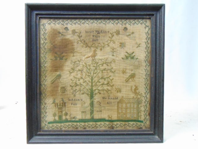 Antique sampler, Sarah Wright's Work, 1820, "In Adam's Fall, We Sinned All", 11 7/8" by 11.75" (1 of 5)