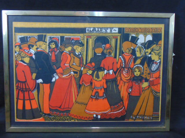 Framed textile panel, Sally Gregory, people entering Gaiety Theater, framed, 19" by 28" (1 of 5)