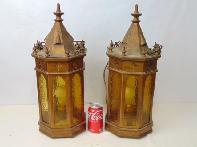 Pair Gothic revival hanging lanterns, in brass with amber glass panels, both lanterns are missing (1 of 5)