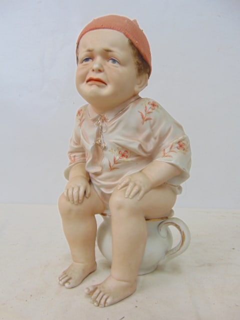Heubach style bisque figure, boy on a chamber pot, 10.5" tall, good condition. (1 of 5)