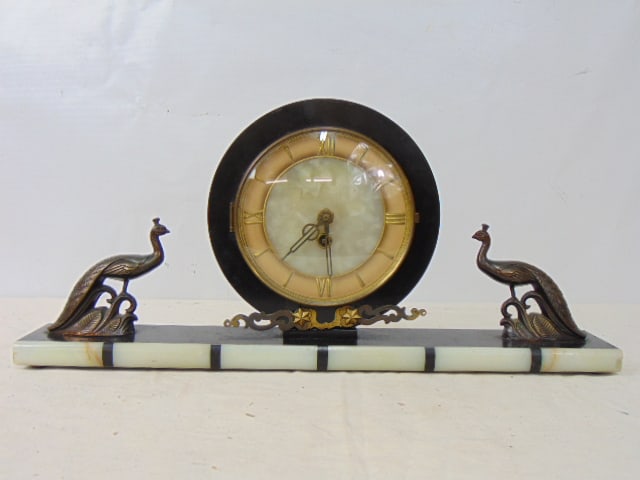 Art Deco marble & onyx mantle clock with peacock decoration, 1930's, movement needs repair, 20.5" (1 of 5)