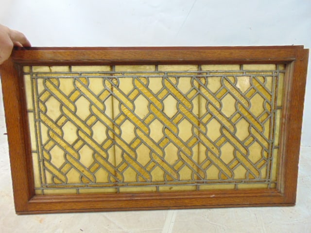 Single leaded window with chain link fence pattern, amber tints, window is 18" by 32", oak frame: Single leaded window with chain link fence pattern, amber tints, window is 18" by 32", oak frame