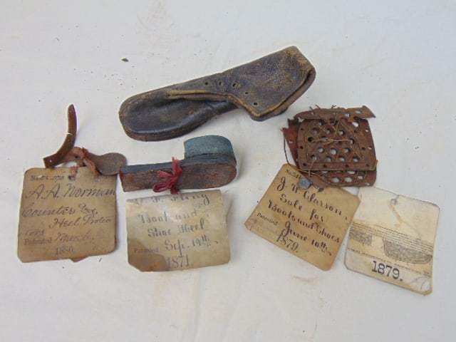 Patent Models, various shoe parts, includes "Boot & Shoe Heel", by G.F. Giling (?), 1871; "Heel (1 of 6)