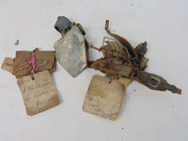 Patent Model lot, "Tag Fastener", by S. Baldwin 1876 and various garment clasps, fasteners, tags (1 of 5)